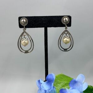 Vintage Triad Signed Dangle Pearl Screw-back Earrings